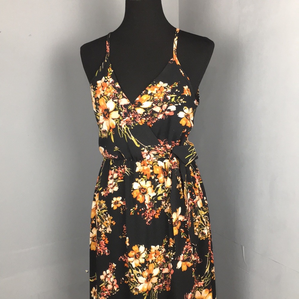 Black floral dress with side slits razor back